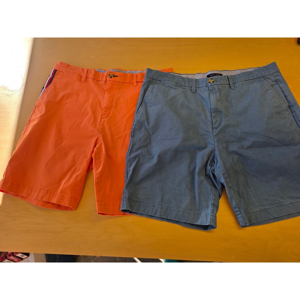 Lot of 2 Tommy Hilfiger Mens Chino Shorts Size 36 Orange Blue Cotton Twill Flat